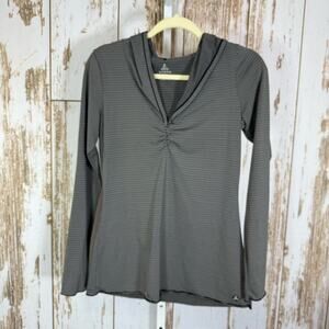 Prana, Charcoal Stripes Long Sleeve Hooded Women's Top. Size Small.